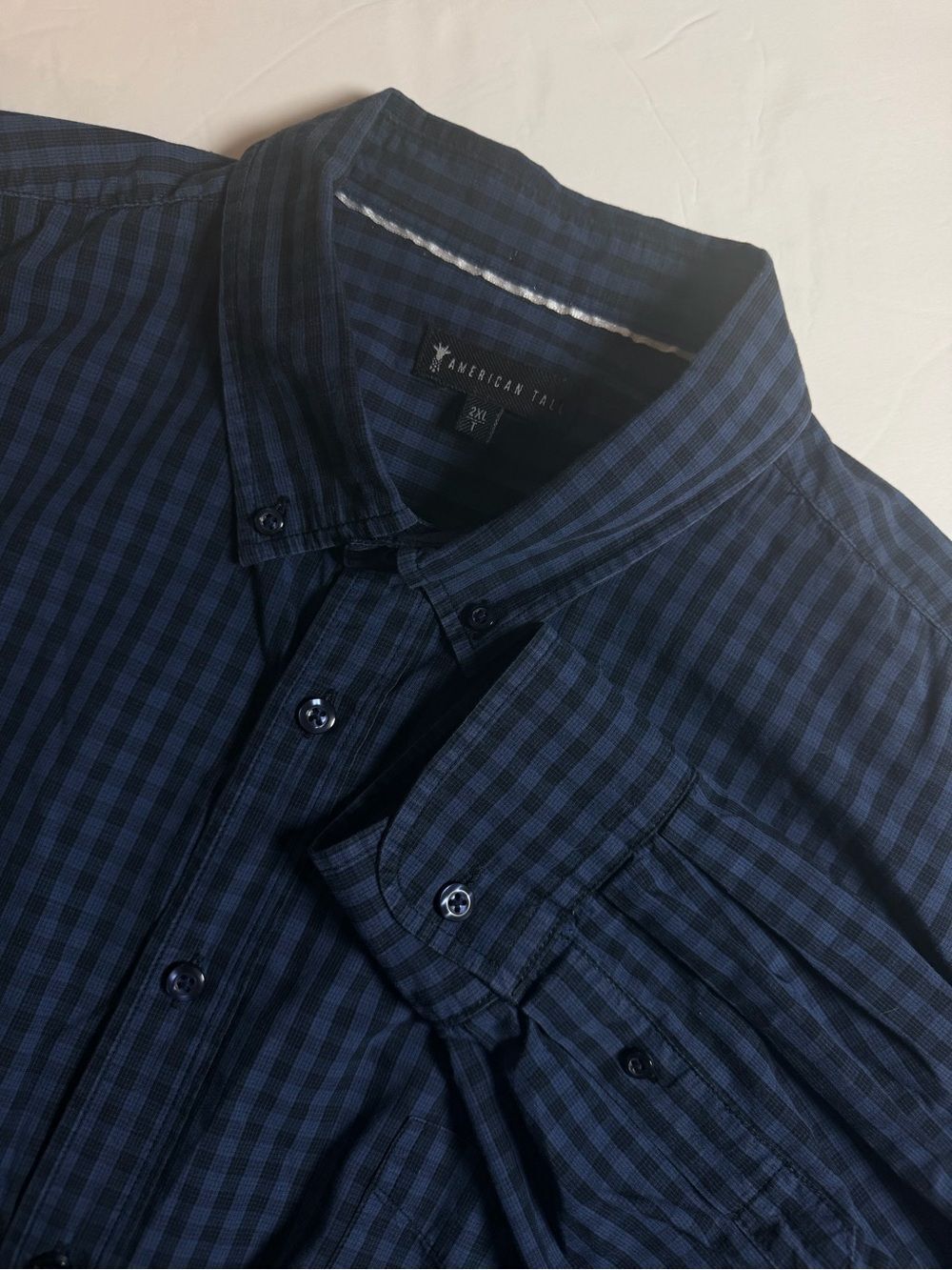 American Tall Mens Plaid Button Up Shirt 2XLT 2XL Tall Blue Black Long Sleeve